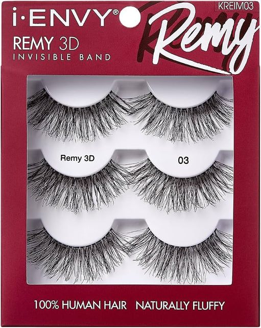 I-ENVY False Lashes Remy 3D Lashes Value Pack 100% Human Hair Natural Fluffy Wispy Invisible Band Seamless Look Reusable Eyelashes (03) - image 1