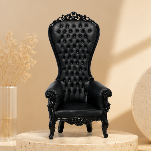 Mahans French Medieval Style Black King Throne Chair with Black Leather and Detail - image 1